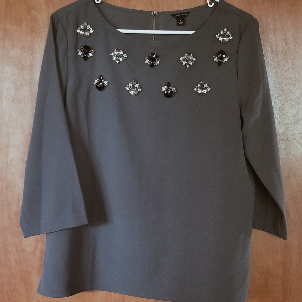 Ann Taylor Jeweled Quarter-Sleeve Blouse